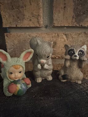 Figurine bundle! Raccoon, squirrel, tiny human in a bunny suit.
